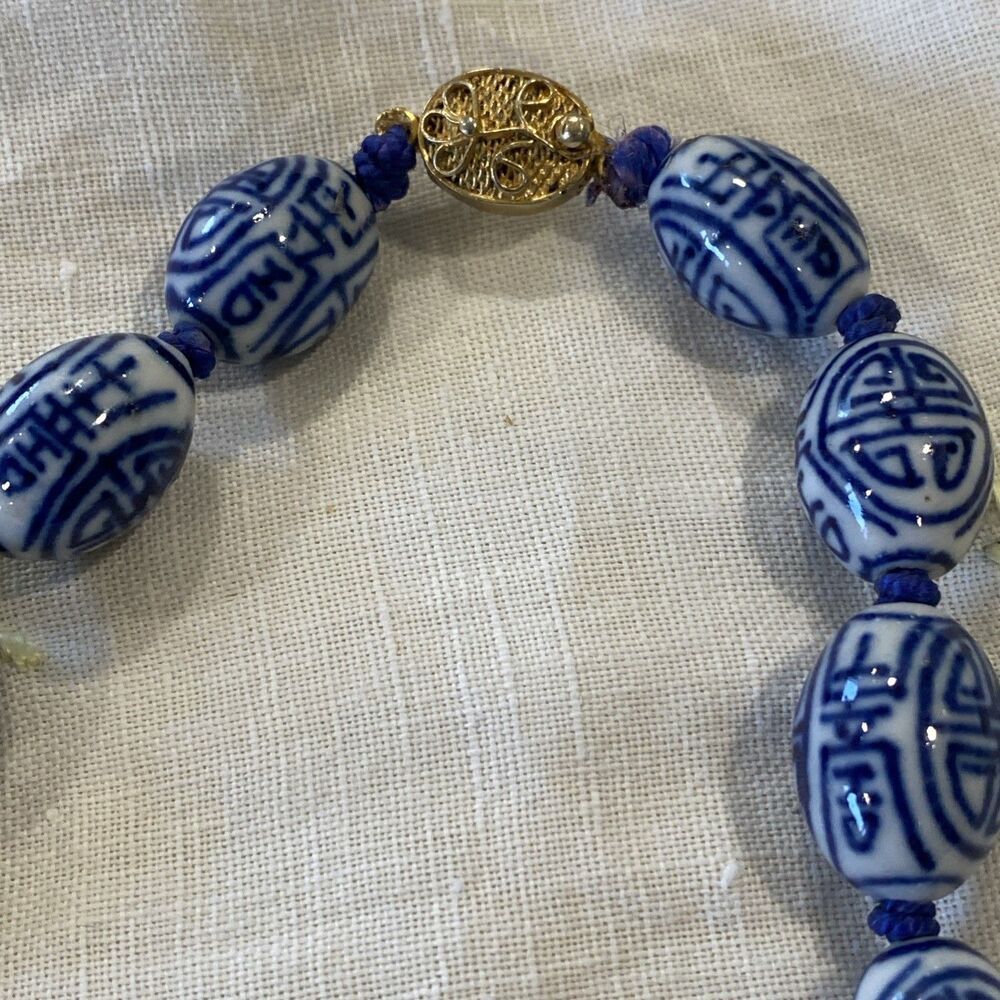 Antique Hand Tied Silk Chinese Export Cobalt Blue Ceramic Blue Beaded Necklace